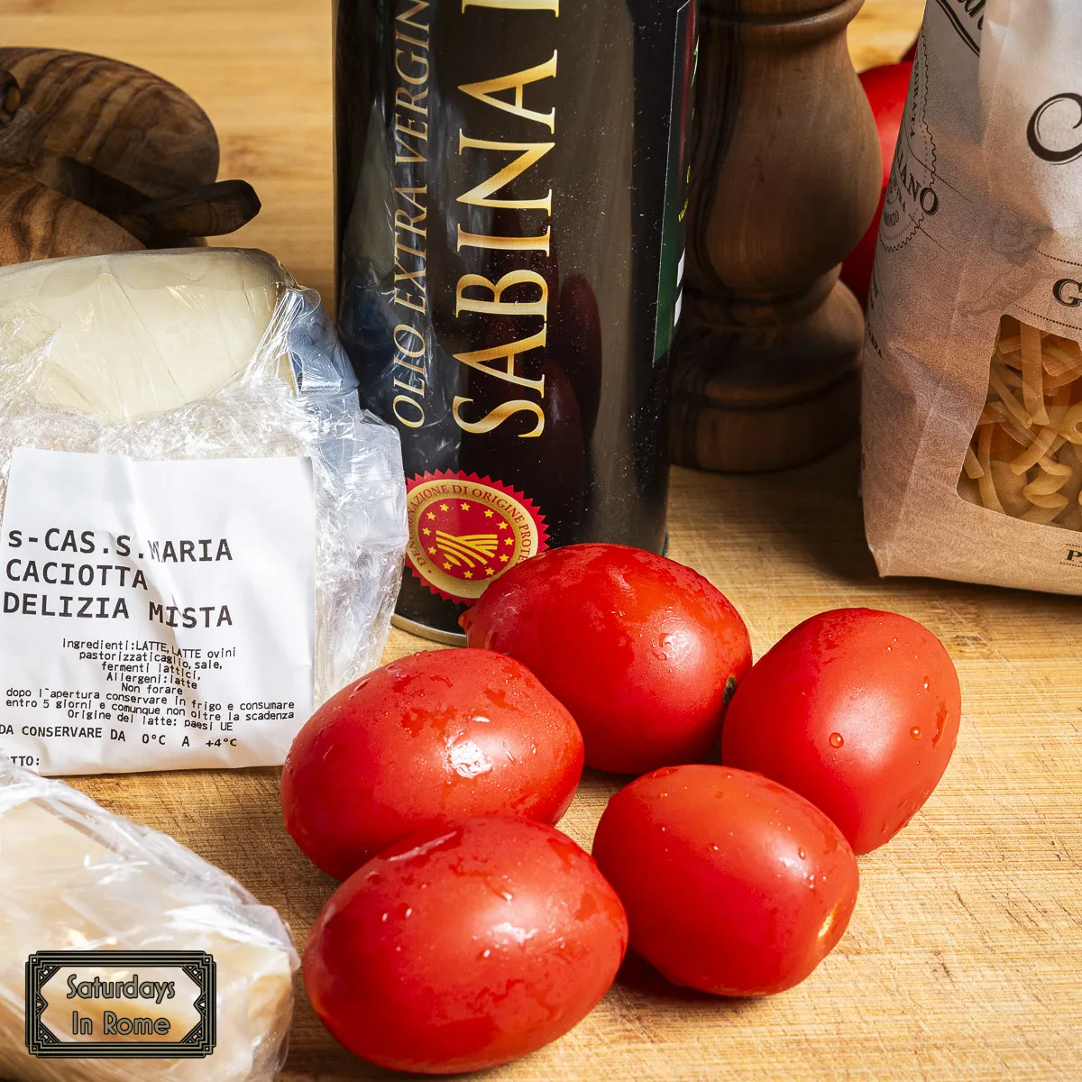 Ingredients - Tomatoes, cheese, oil, pasta