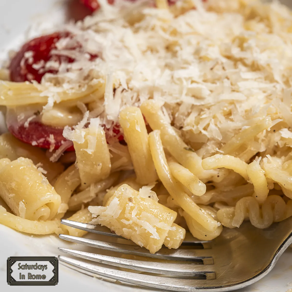 pasta, tomatoes, cheese and fork