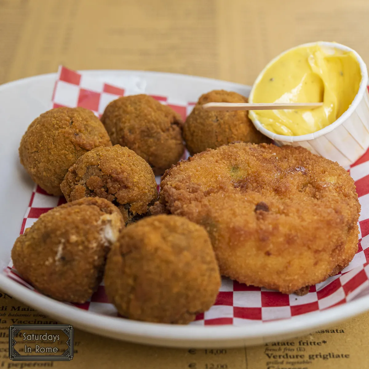 Fried Appetizers of Pasta and Olives  At La Trattoria Vecchia Roma